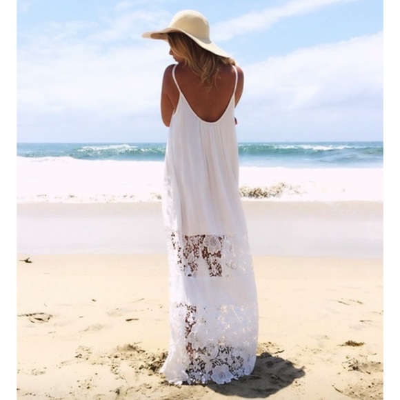 BOHO LACE MAXI BEACH DRESS COVER-UP WHITE S/M - Picture 2 of 8